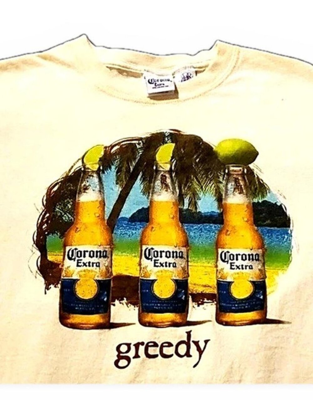 Corona Extra Cream Graphic Beach Tee Men's L Greedy Beer Shirt